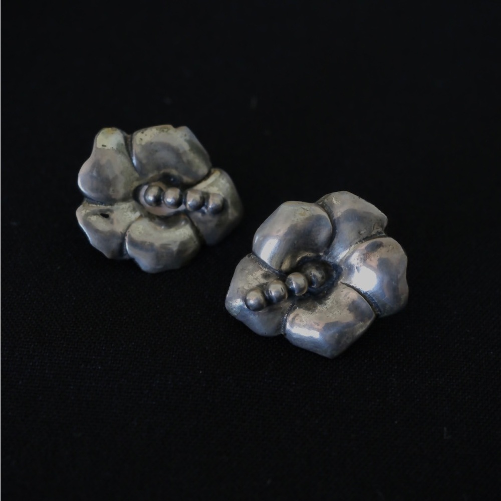 Sterling Silver Floral Screw Back Earrings - Silver Flower Design